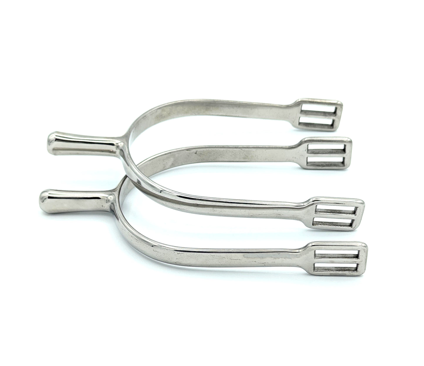 Pair of hand‑polished stainless steel straight‑neck 30mm English riding spurs showing clean U‑shape and strap slots.