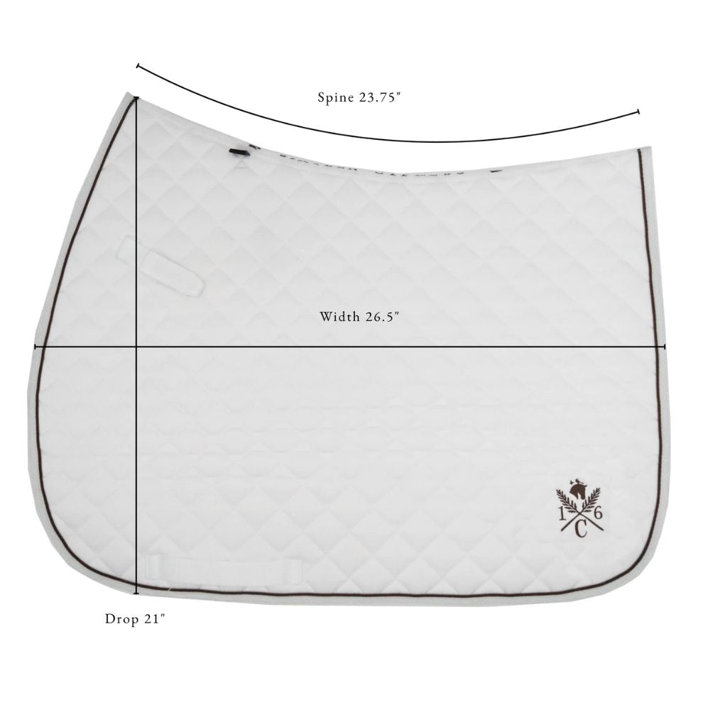 White saddle pad with measurements and a logo on a white background