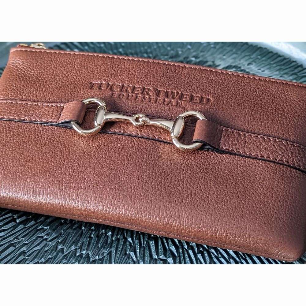 tucker tweed wellington wristlet saddle brown