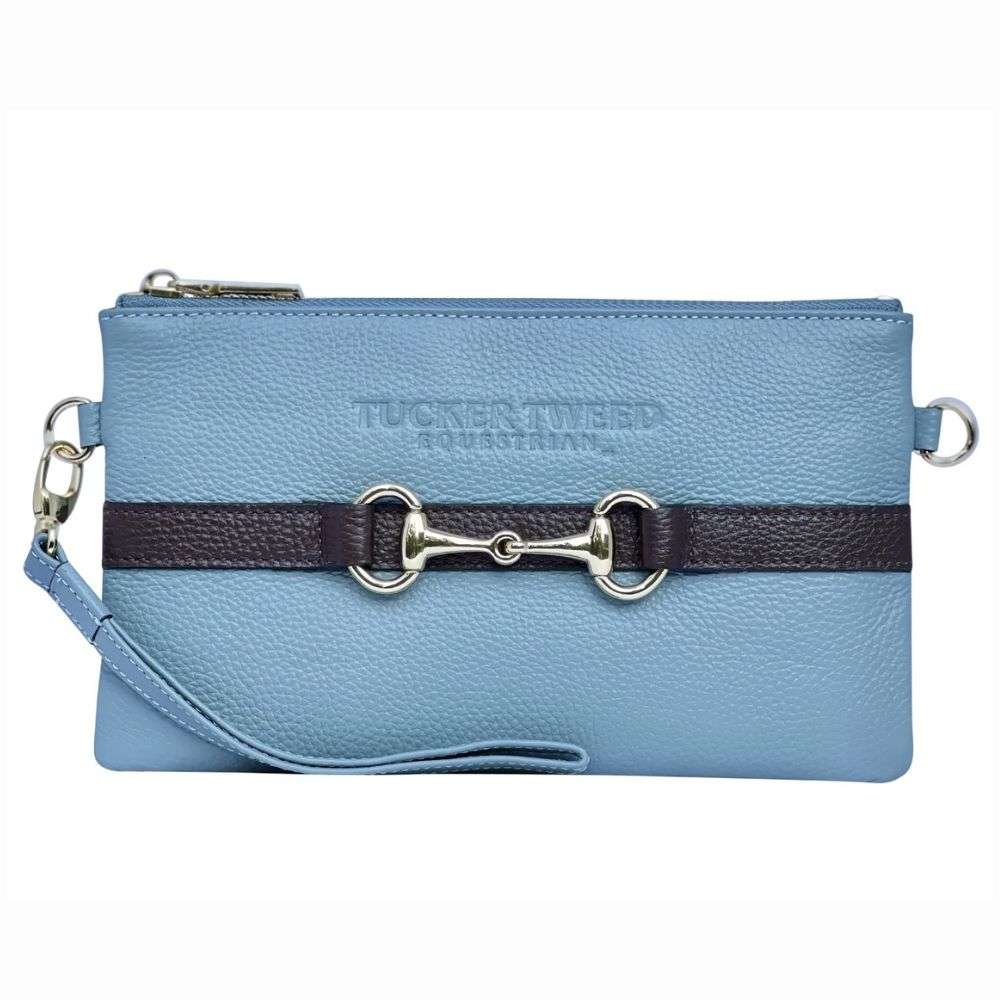 tucker tweed wellington wristlet sky blue and chocolate