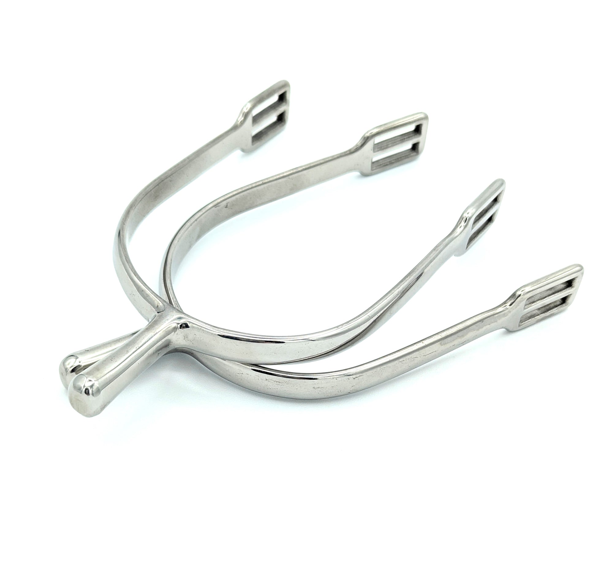 Hand‑polished stainless steel straight‑neck 30mm English riding spurs arranged on a white background.
