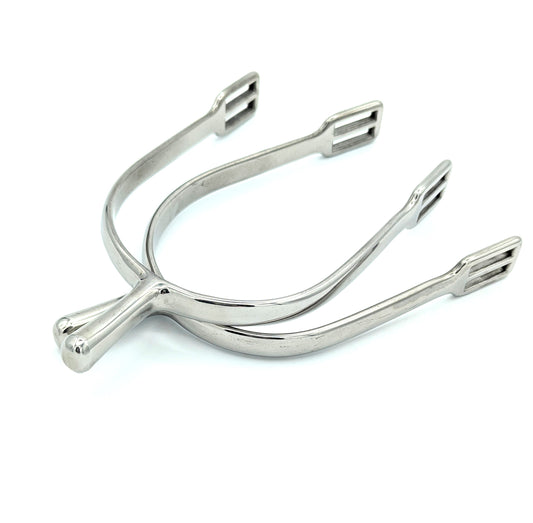 Hand‑polished stainless steel straight‑neck 30mm English riding spurs arranged on a white background.
