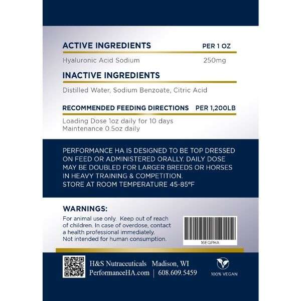 performance ha equine joint supplement back label