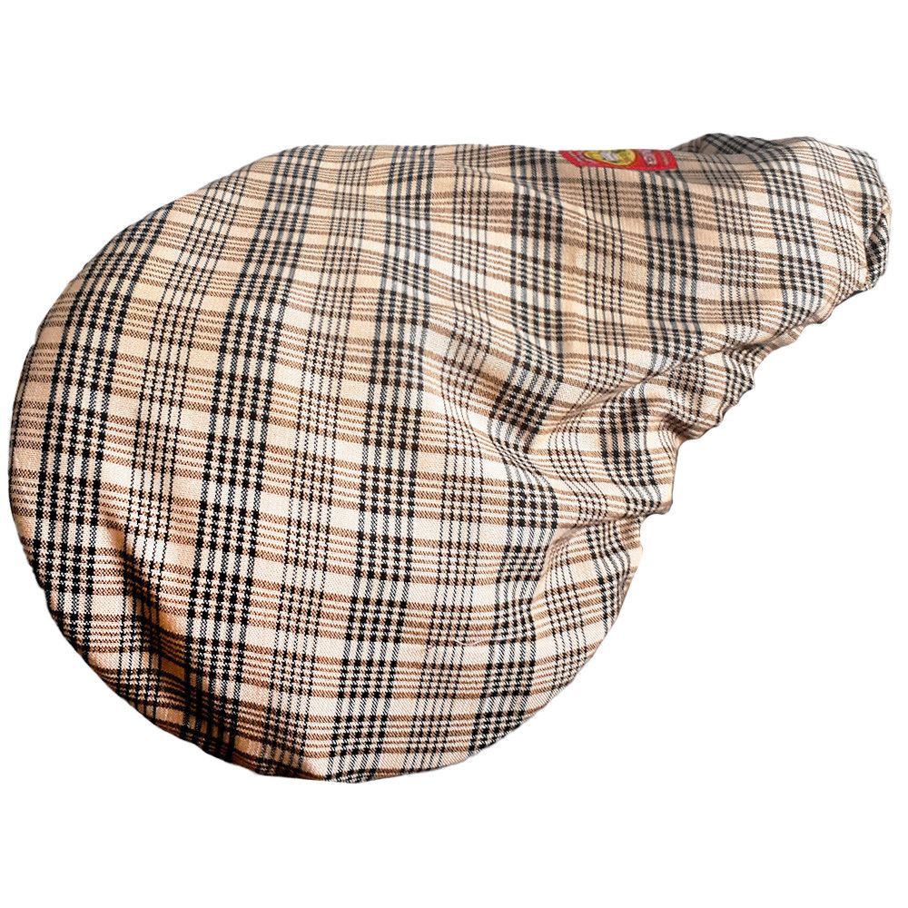 baker plaid english saddle dust cover with a red baker tag on a white background.