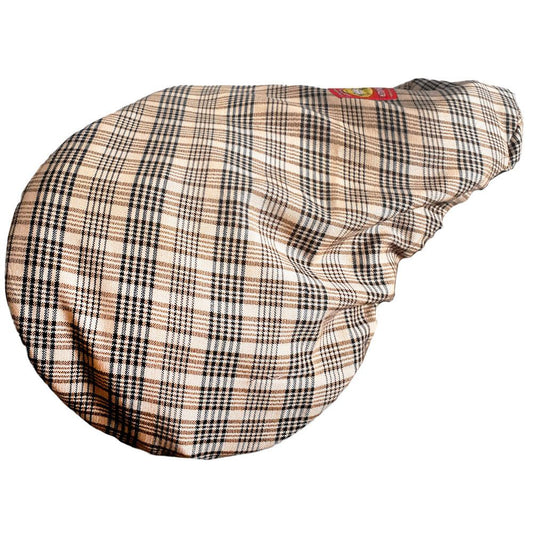 baker plaid english saddle dust cover with a red baker tag on a white background.