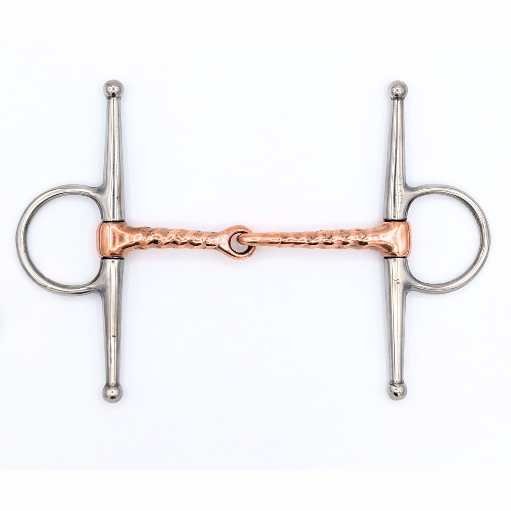 Copper corkscrew Full Cheek bit with stainless steel cheeks and a jointed copper mouthpiece, displayed on a white background for clear product detail.