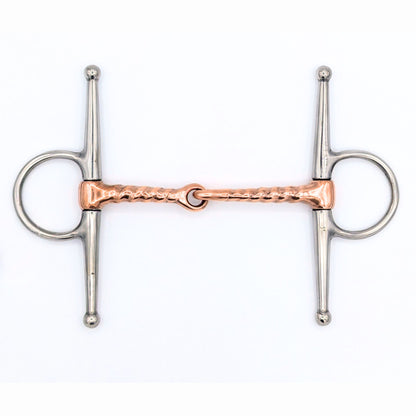 Copper corkscrew Full Cheek bit with stainless steel cheeks and a jointed copper mouthpiece, displayed on a white background for clear product detail.