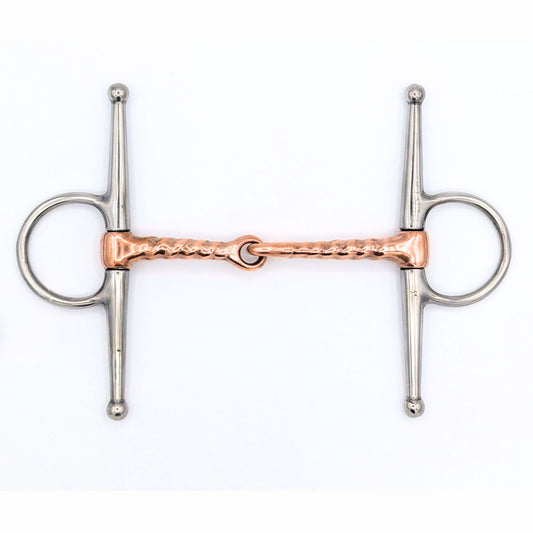 Copper corkscrew Full Cheek bit with stainless steel cheeks and a jointed copper mouthpiece, displayed on a white background for clear product detail.