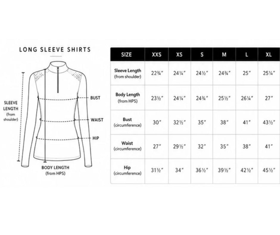 A size chart and measurement diagram for long sleeve shirts, showing a line drawing of the shirt with labeled measurements (sleeve length, bust, waist, hip) and a size table from XXS to XL with measurements in inches.