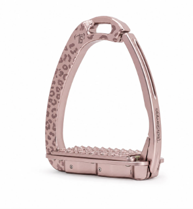 Limited edition tech stirrups rose gold with leopard print and swarovski crystals on a white background.