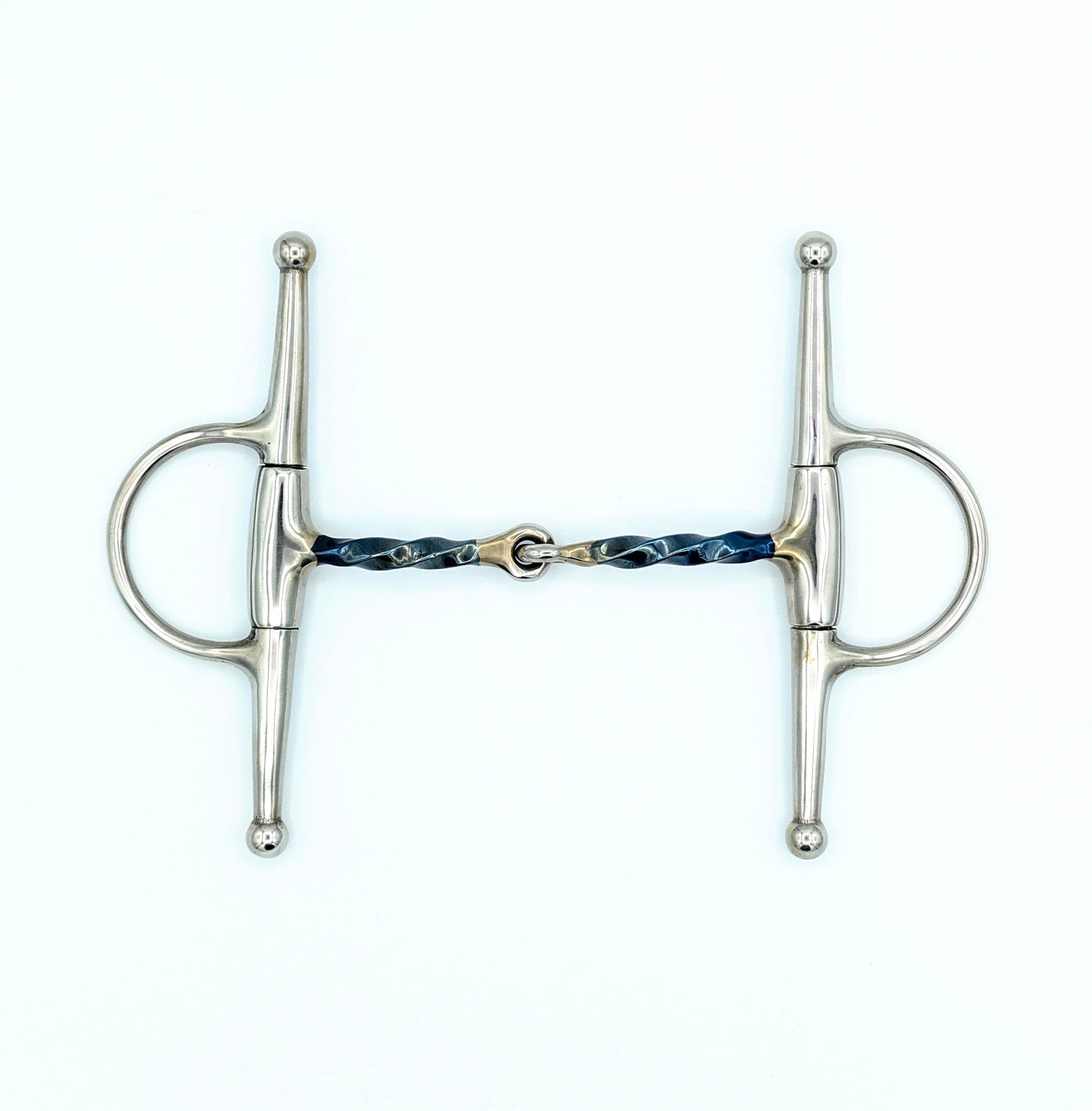 front view of a blue sweet iron thin slow twist full cheek snaffle on a white background.