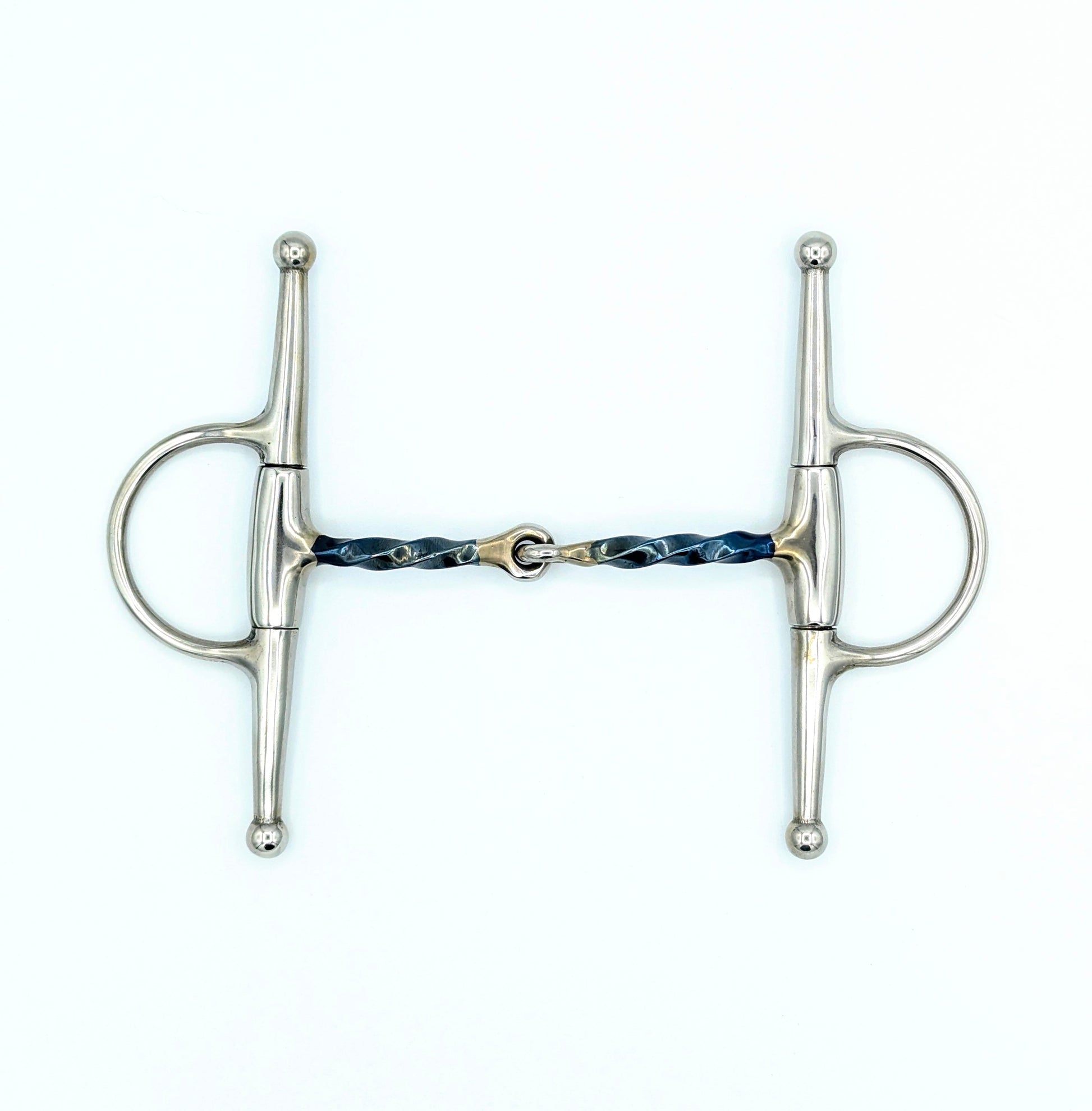 front view of a blue sweet iron thin slow twist full cheek snaffle on a white background.