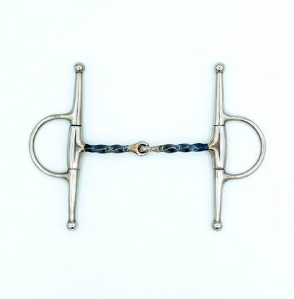 front view of a blue sweet iron thin slow twist full cheek snaffle on a white background.