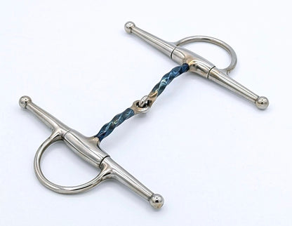 diagonal blue sweet iron slow twist full cheek snaffle bit on a white background.