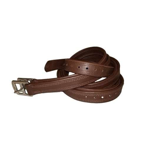 childs length oak brown pro-trainer softy english stirrup leathers on a white background.