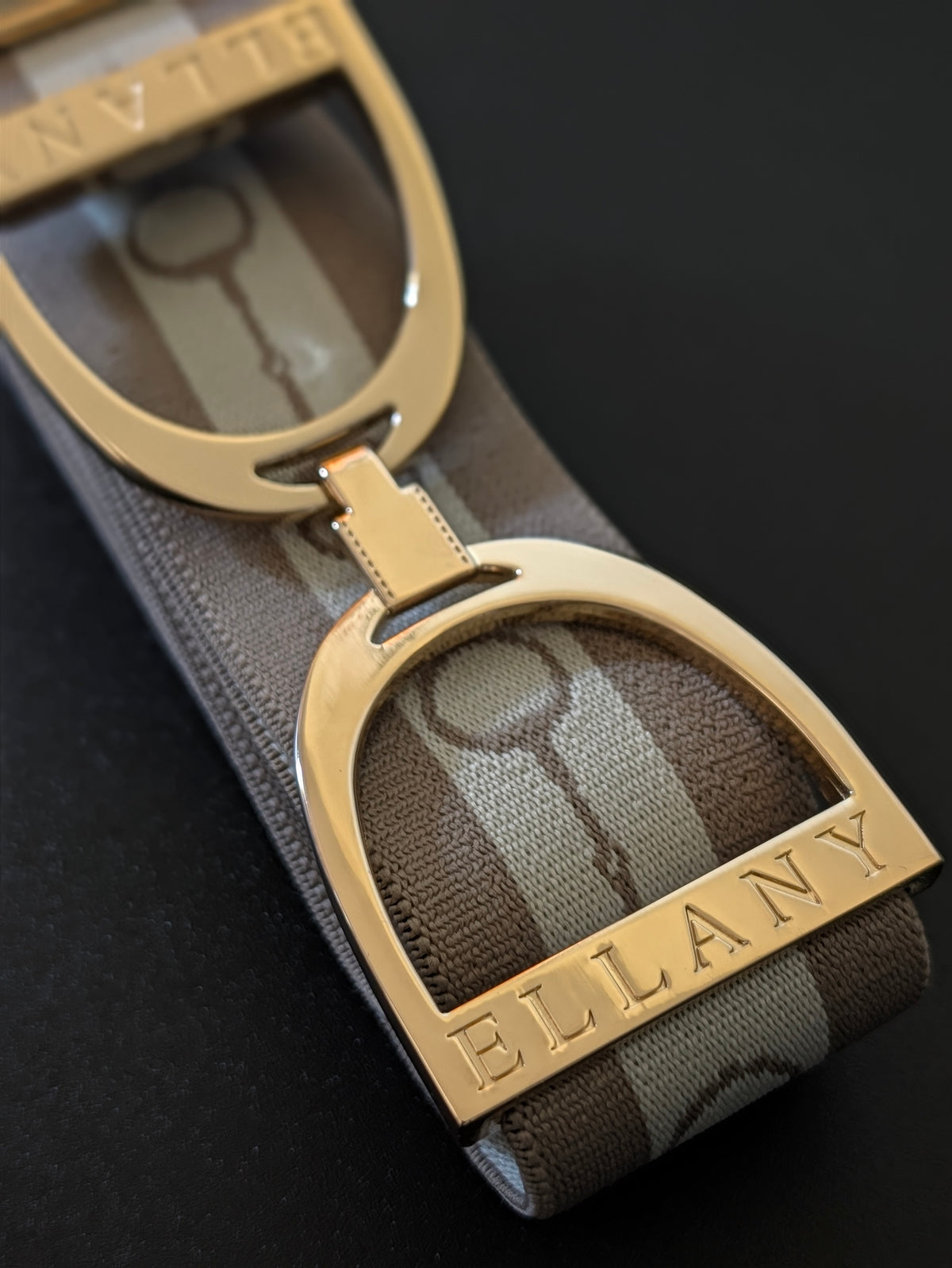 Ellany taryn taupe and beige elastic belt with snaffle bit design and gold english stirrup buckle on a black background.