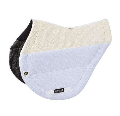 Equestrian cross country saddle pad with black, beige, and blue pattern on a white background.