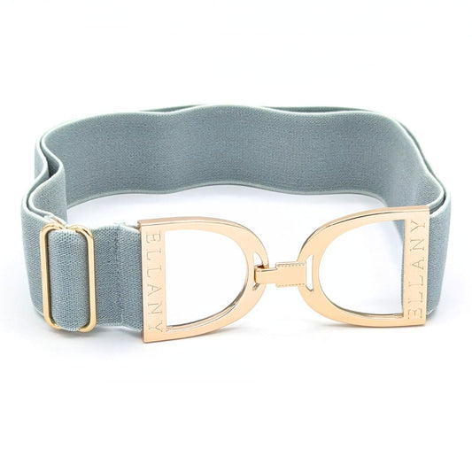 Sage green belt with gold stirrup buckle on a white background.