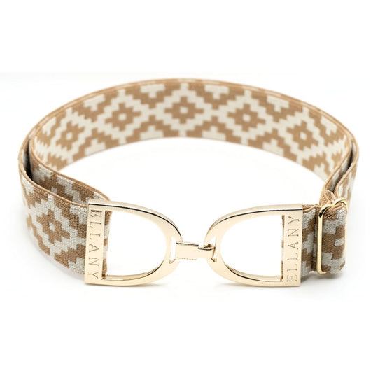 ellany elastic carmel polo belt with gold english stirrup buckle on a white background.