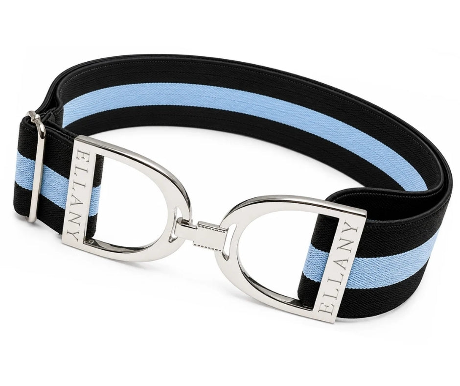 Black‑and‑blue striped elastic belt with polished silver Ellany stirrup buckle, displayed as a modern everyday accessory.