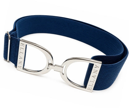 Petrol‑blue elastic belt with polished silver Ellany stirrup buckle, displayed as a modern everyday accessory.