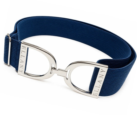 Petrol‑blue elastic belt with polished silver Ellany stirrup buckle, displayed as a modern everyday accessory.