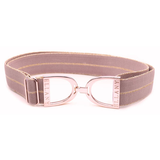 lilac pink belt with rose gold metallic stripe and buckle on a white background.