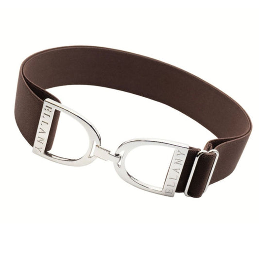 Brown belt with silver horse bit buckle on a white background