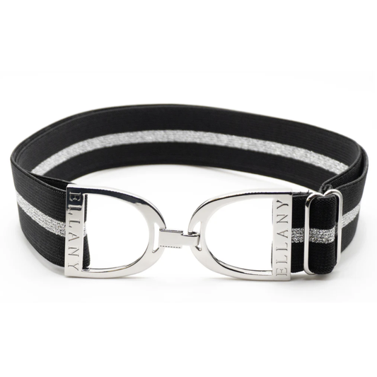Black belt with silver buckle and silver metallic stripe on a white background.