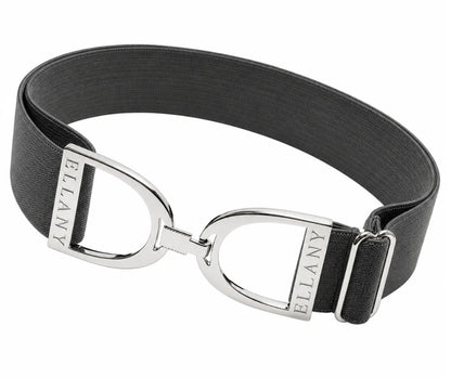 Smoke‑grey elastic belt with polished silver Ellany stirrup buckle, displayed as a modern everyday accessory.