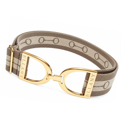 A ELLANY horse-riding elastic belt with taupe and beige colrs, featuring a gold-tone english stirrup buckle and snaffle bit design on a white background.