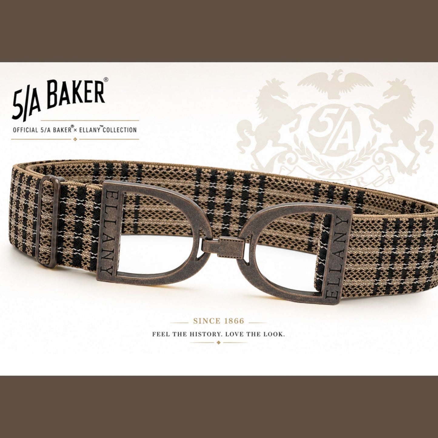 A 51A Baker Ellany collection belt with a brown and black plaid pattern, featuring dark metal D-rings and a matching buckle, displayed on a white background with brand logos.
