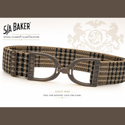 A 51A Baker Ellany collection belt with a brown and black plaid pattern, featuring dark metal D-rings and a matching buckle, displayed on a white background with brand logos.