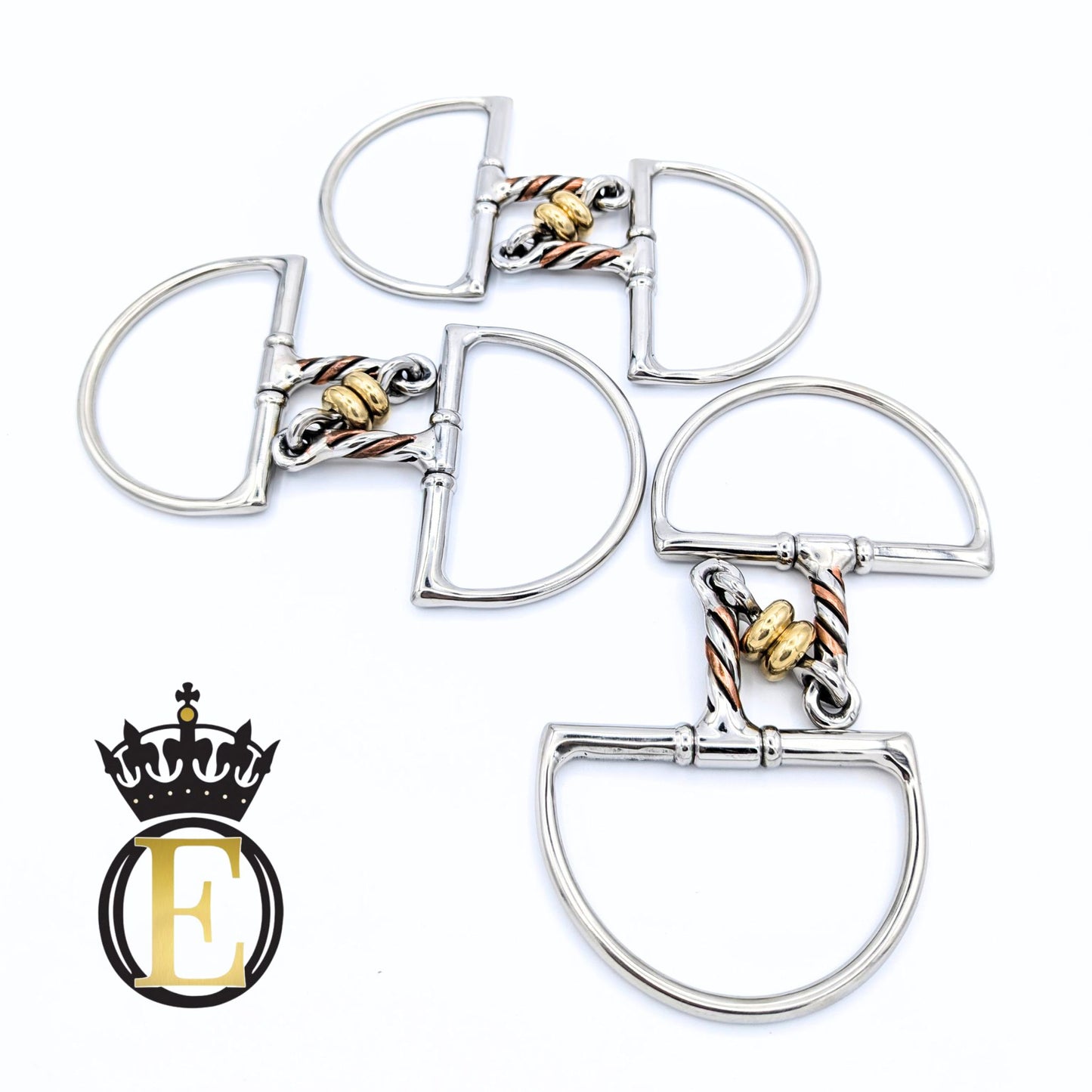 Four silver-toned horse bit hardware pieces arranged on a white background, each with a twisted rope detail in copper, gold, and silver. A black and gold crown logo with the letter E is shown in the bottom-left corner.