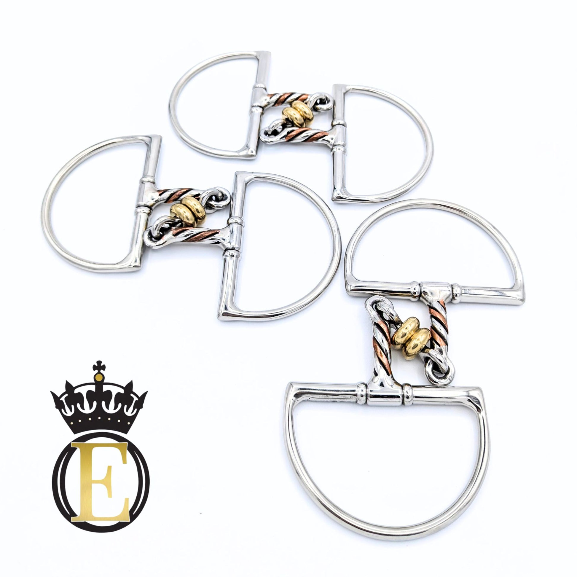 Four silver-toned horse bit hardware pieces arranged on a white background, each with a twisted rope detail in copper, gold, and silver. A black and gold crown logo with the letter E is shown in the bottom-left corner.