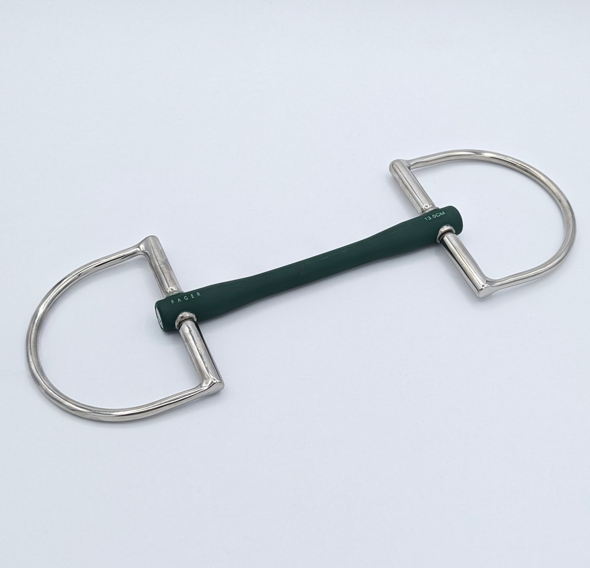 Close-up of the Fager Nicole Soft Rubber Dee Ring Bit showing the dark green TPU mouthpiece and engraved sizing.