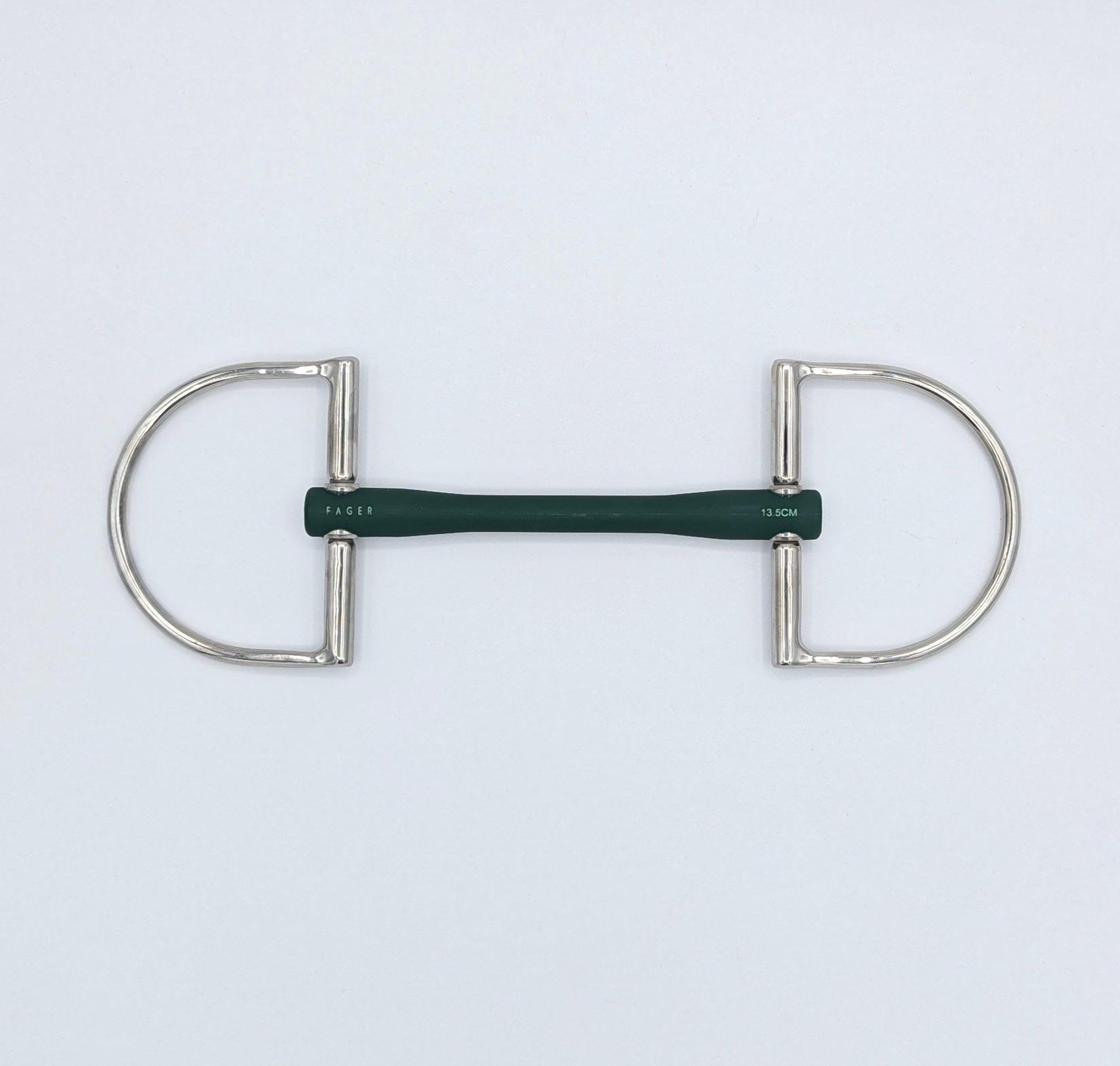 Fager Nicole Soft Rubber Dee Bit in dark green TPU mouthpiece with stainless steel D‑rings, size 13.5 cm