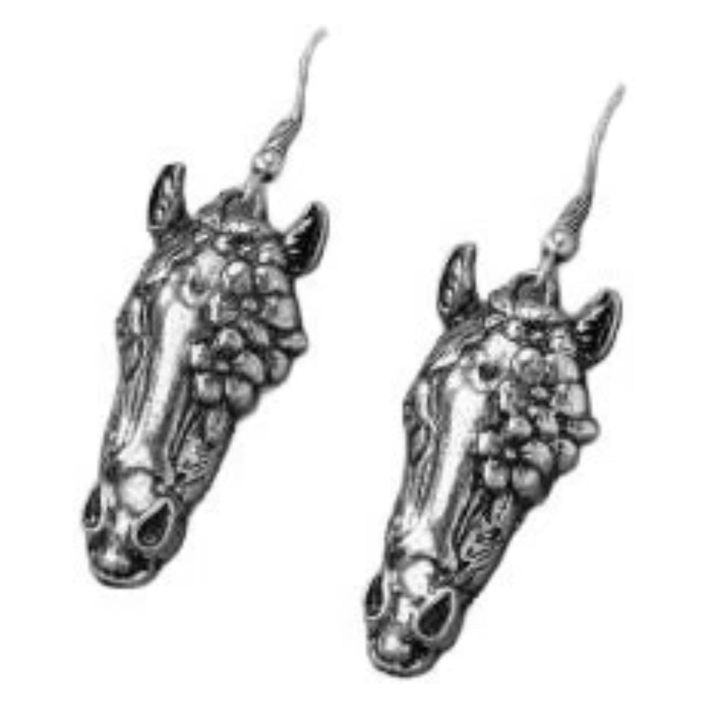 Silver‑plated dangle earrings shaped as detailed horse heads with floral accents, displayed on a light background.