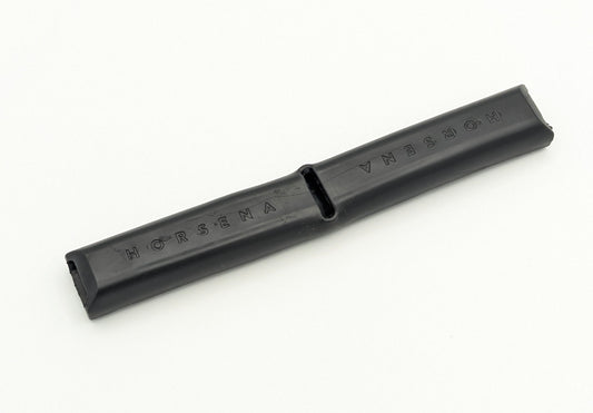 Black Horsena gel curb chain cover shown without the chain inserted, featuring a central slit and flexible gel design for cushioning curb pressure on sensitive horses.