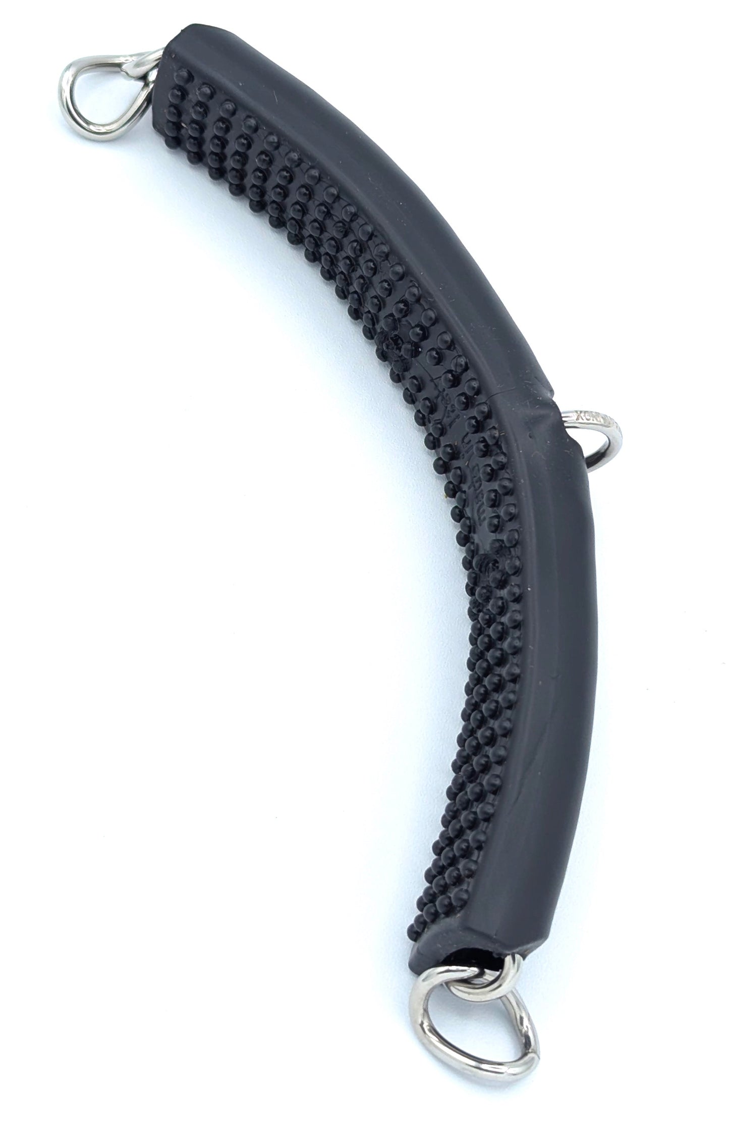 Black Horsena gel curb chain cover with soft raised massage‑nibs on the underside, designed to improve grip, boost circulation, and cushion curb pressure for sensitive horses.