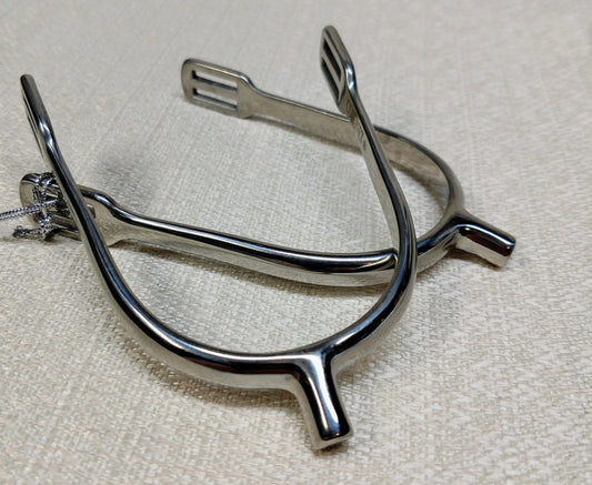 Stainless steel ladies POW spurs with 10mm neck and easy‑insert square‑slot strap design, lightweight and shaped for women riders.