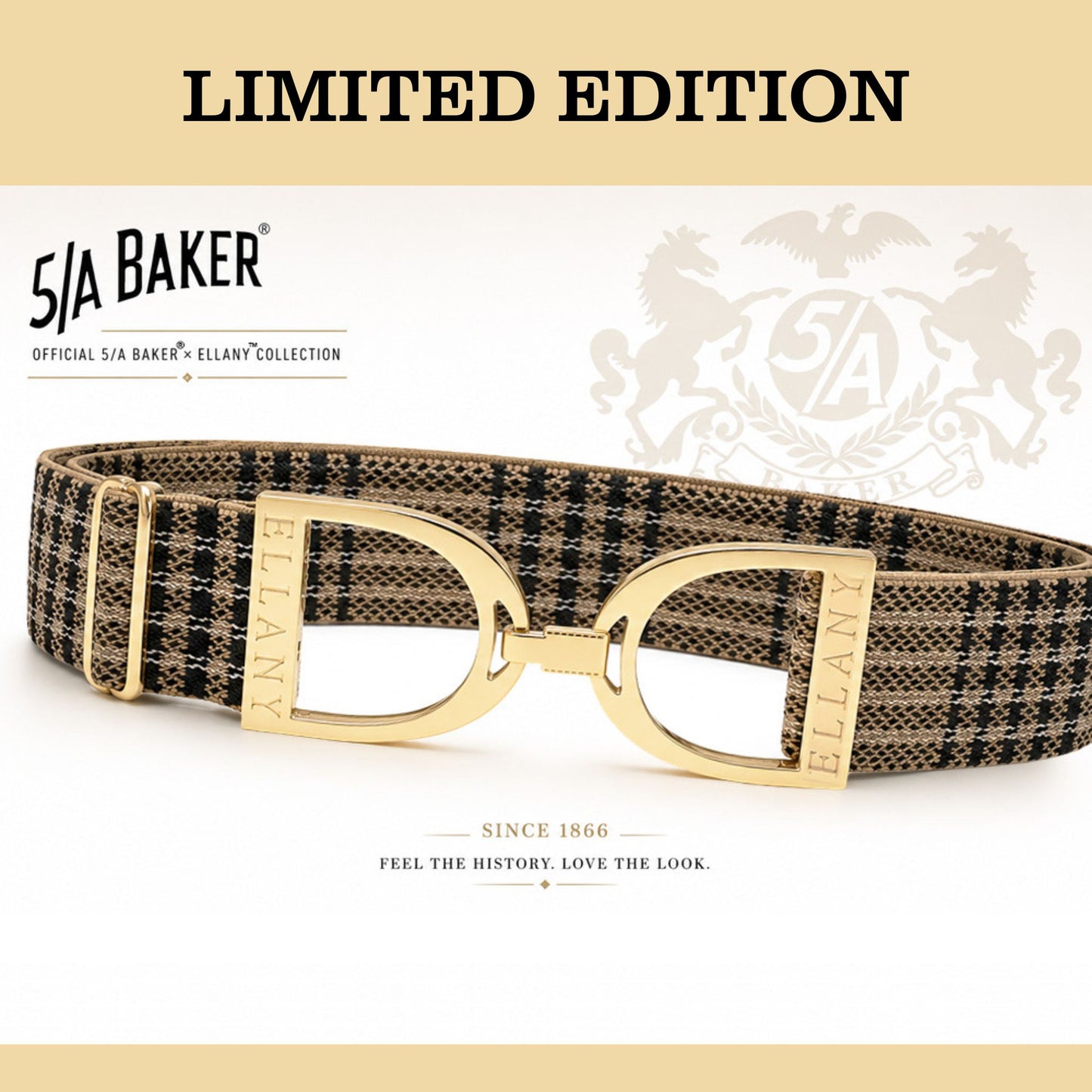 Limited Edition 5/A Baker × Ellany elastic belt in signature Baker plaid with a classic yellow‑gold stirrup buckle, displayed against a heritage Baker crest background.
