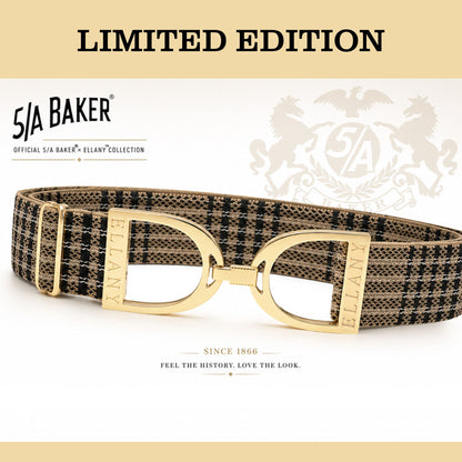 Limited Edition 5/A Baker × Ellany elastic belt in signature Baker plaid with a classic yellow‑gold stirrup buckle, displayed against a heritage Baker crest background.