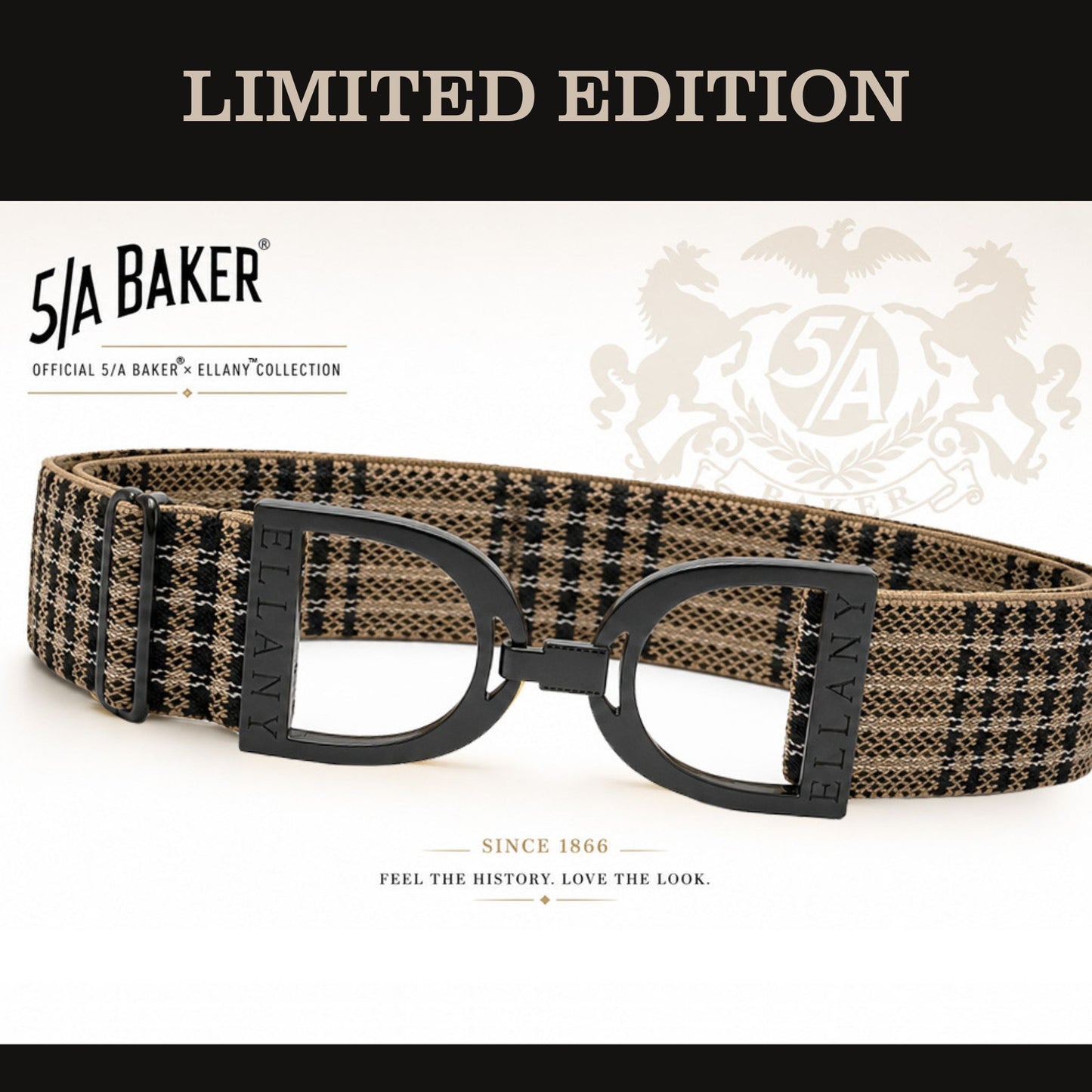Limited Edition 5/A Baker × Ellany elastic belt in signature Baker plaid with a matte black stirrup buckle engraved with “ELLANY,” displayed against a heritage Baker crest background.