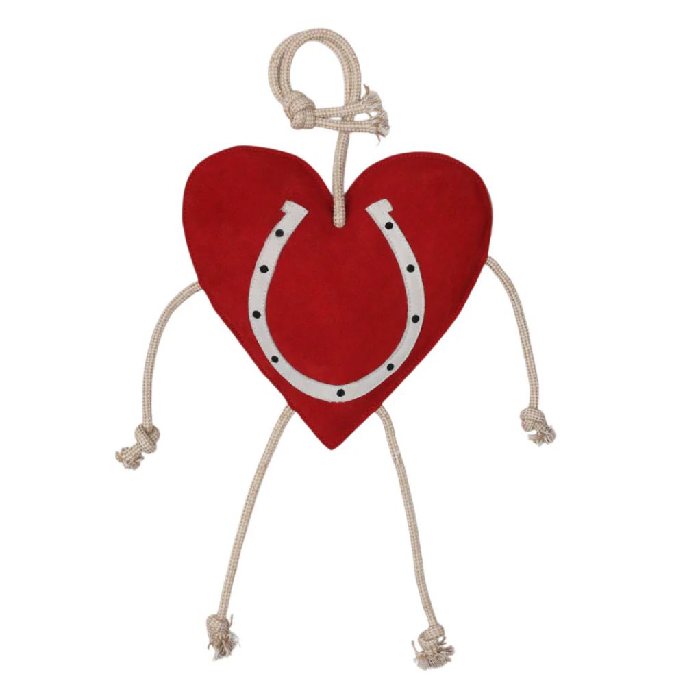 Red heart-shaped horse stall toy with a horseshoe on a white background