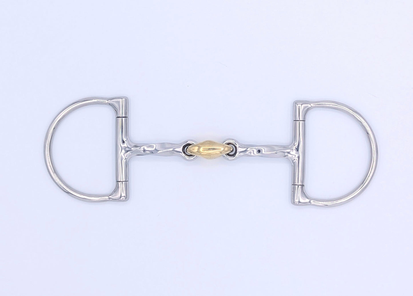 Close‑up of a stainless steel Hunter Dee pony bit showing the square‑twist cannons and brass peanut center link.