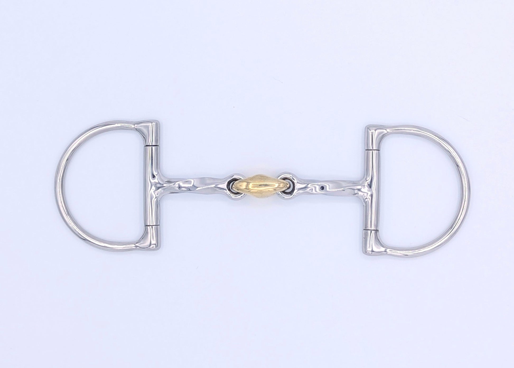 Close‑up of a stainless steel Hunter Dee pony bit showing the square‑twist cannons and brass peanut center link.