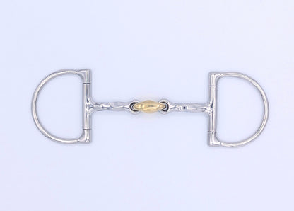 Close‑up of a stainless steel Hunter Dee pony bit showing the square‑twist cannons and brass peanut center link.