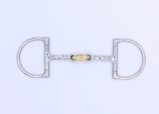 Close‑up of a stainless steel Hunter Dee pony bit showing the square‑twist cannons and brass peanut center link.