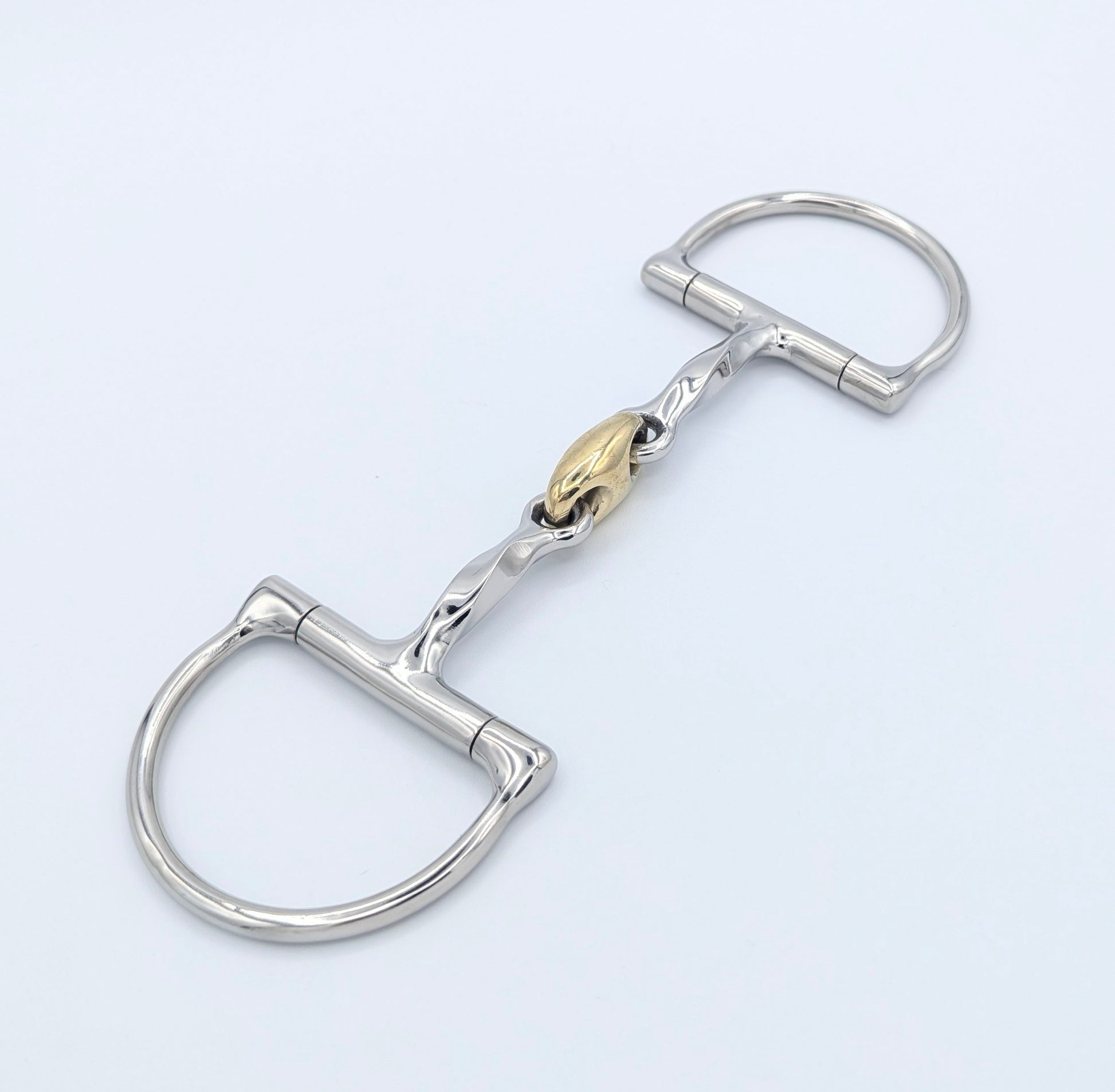 Stainless steel Hunter Dee pony bit displayed on a light background, featuring a brass peanut and anatomical square‑twist mouthpiece.